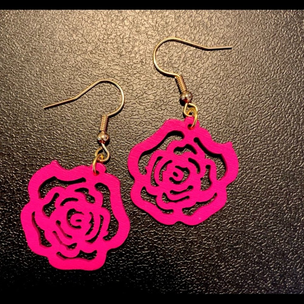 Wooden pink rose earrings